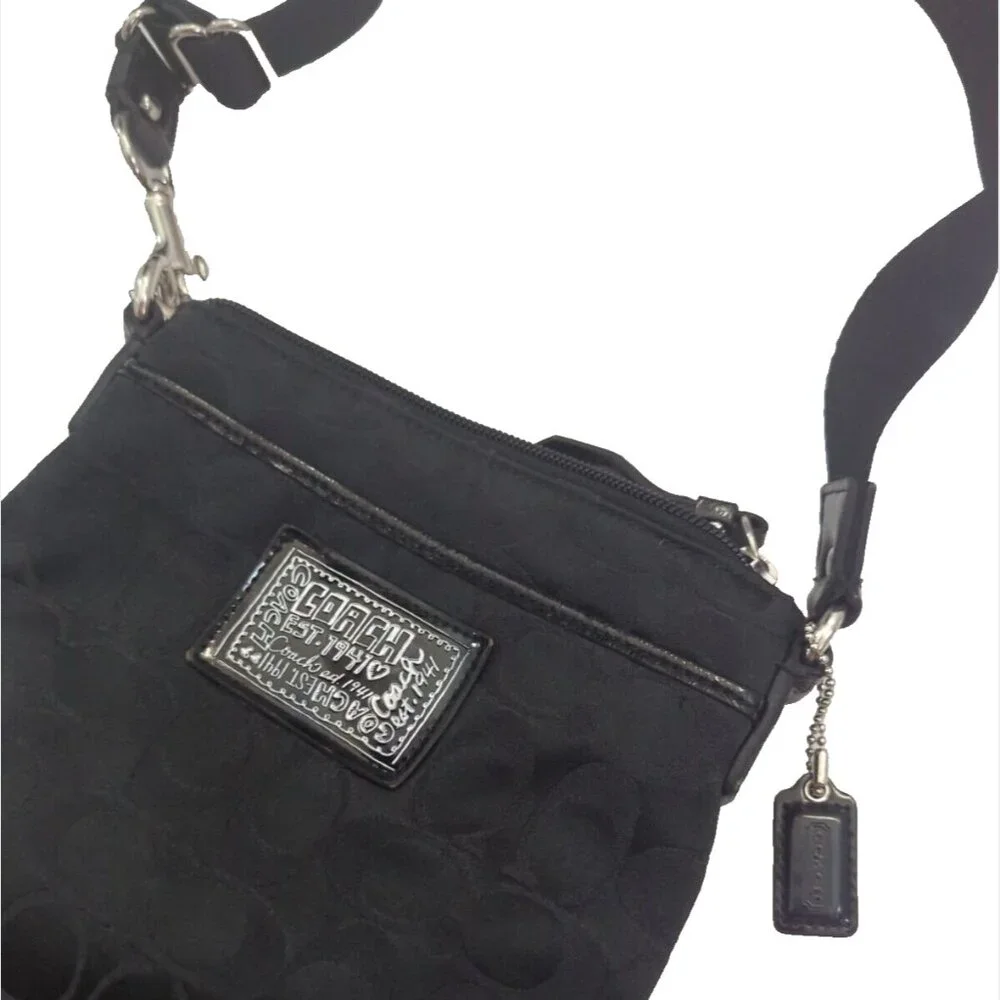 Coach Black‎ Canvas Signature Poppy Patent Patch Small Slim Crossbody Bag